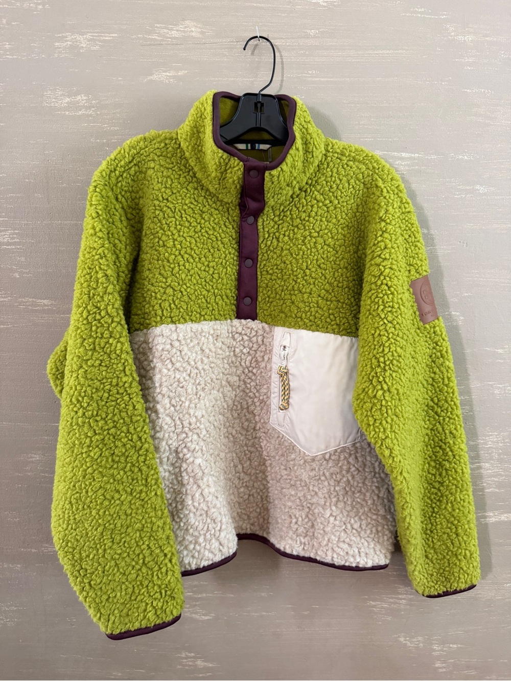 Tory Burch Sport Lime Green & Cream Sherpa Pullover Jacket with Plum Trim M